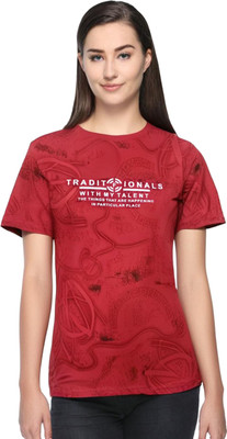 HouseOfCommon Printed Women Round Neck Red T-Shirt