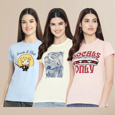 Tromko Printed Women Round Neck Beige, Pink, Light Blue T-Shirt