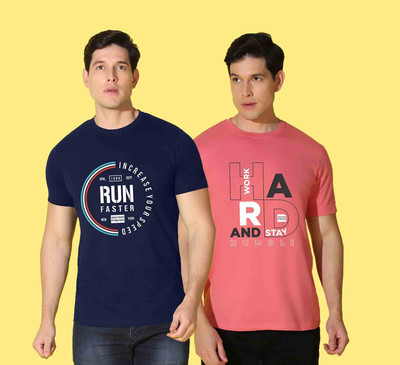WOOSTRO Printed Men Round Neck Blue, Pink T-Shirt