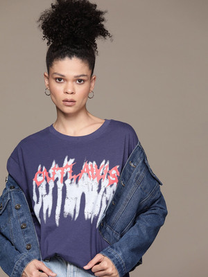 Roadster Printed Women Round Neck Blue T-Shirt