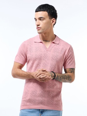 BEWAKOOF Self Design Men Polo Neck Pink T-Shirt