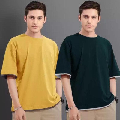 Wearit Solid Men Round Neck Green, Yellow T-Shirt