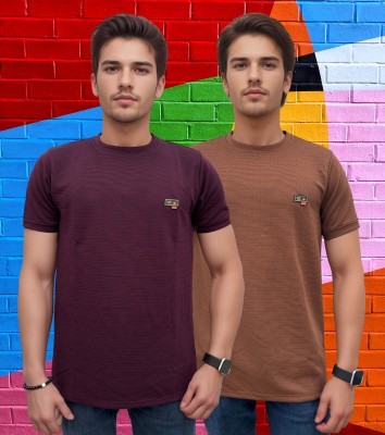 CAIMBROS Self Design Men Round Neck Purple, Brown T-Shirt