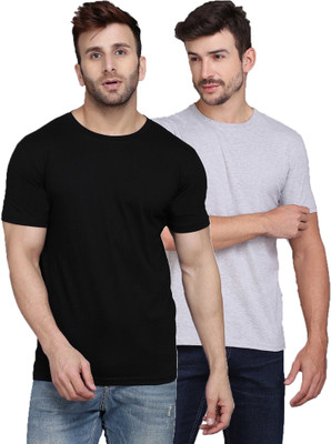 TEEFOX Solid Men Round Neck Black, Grey T-Shirt