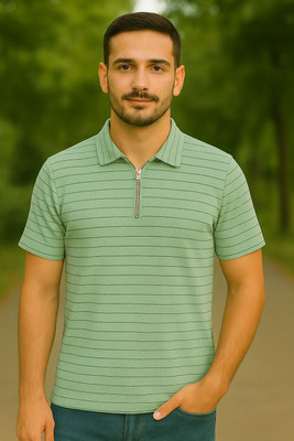 METRONAUT Striped Men Zip Neck Light Green T-Shirt