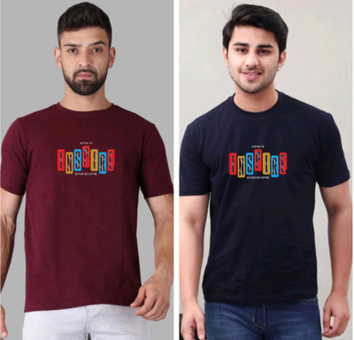 ROHITGARMENTS Self Design Men Round Neck Dark Blue, Maroon T-Shirt