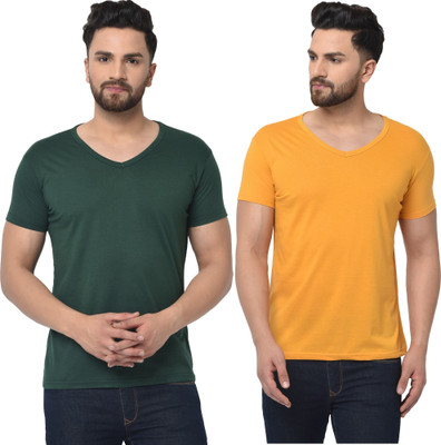 Tresna Trending Solid Men V Neck Dark Green, Yellow T-Shirt