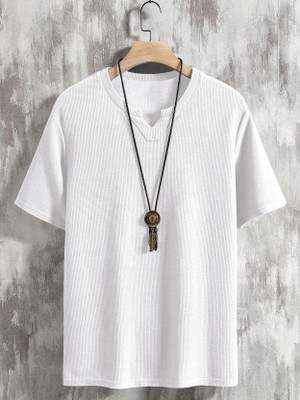 EyeBogler Self Design Men V Neck White T-Shirt