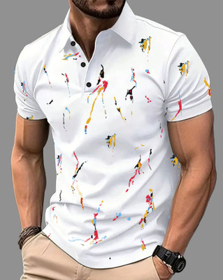 AUSK Printed Men Polo Neck White T-Shirt