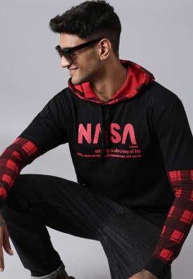 LEWEL Checkered, Printed Men Hooded Neck Black, Red T-Shirt