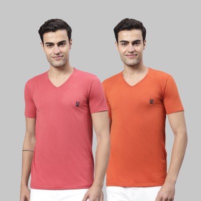 VIMAL JONNEY Solid Men V Neck Pink, Orange T-Shirt