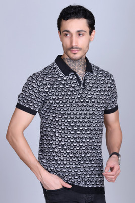 DZANT Polka Print Men Polo Neck Black T-Shirt
