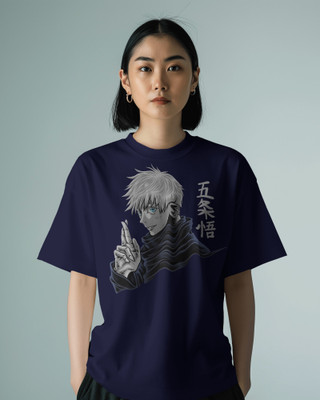 TheMangaCart Printed Women Round Neck Dark Blue T-Shirt