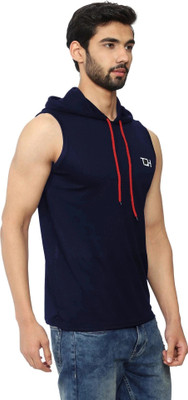 TQH Solid Men Hooded Neck Dark Blue T-Shirt