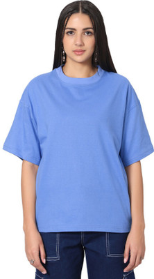 Besick Solid Women Round Neck Light Blue T-Shirt