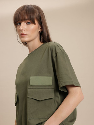 Roadster Solid Women Round Neck Green T-Shirt