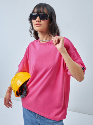 BEWAKOOF Solid Women Round Neck Pink T-Shirt