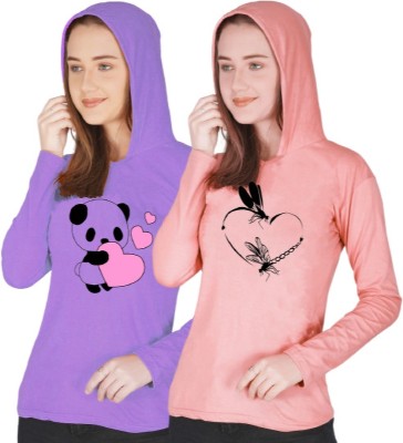 Lecowar Graphic Print Women Hooded Neck Purple, Pink T-Shirt