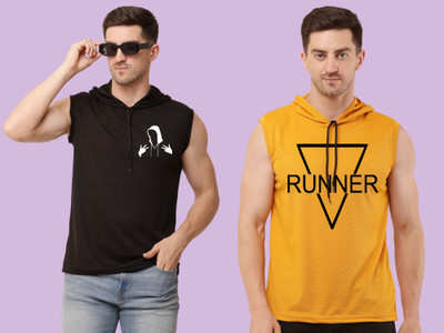 Zxomillo Printed Men Hooded Neck Black, Yellow T-Shirt