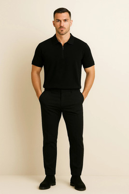 Clever Fox Solid Men Zip Neck Black T-Shirt