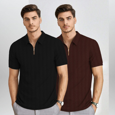 BROWEARS Self Design Men Zip Neck Black, Brown T-Shirt