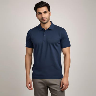 JJ TEES Solid Men Polo Neck Navy Blue T-Shirt