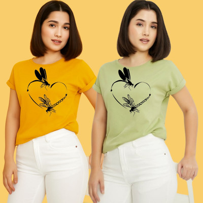 Kintu Parantu Printed Women Round Neck Yellow, Green T-Shirt