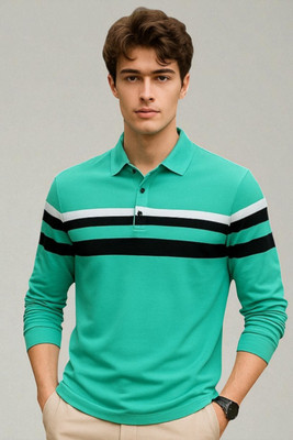 Autna Striped Men Polo Neck Green T-Shirt