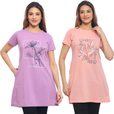 Pushti Fashion Printed Women Round Neck Beige, Pink T-Shirt