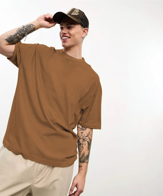 CHKOKKO Solid Men Round Neck Gold T-Shirt