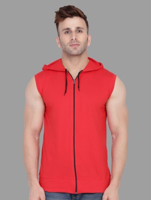 GEUM Solid Men Hooded Neck Red T-Shirt