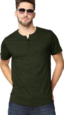 LazyChunks Solid Men Henley Neck Dark Green T-Shirt