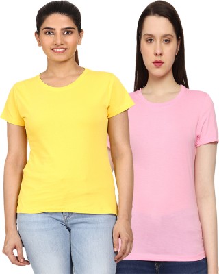 AODACH Solid Women Round Neck Yellow, Pink T-Shirt