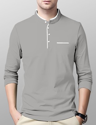 AUSK Solid Men Mandarin Collar Grey T-Shirt