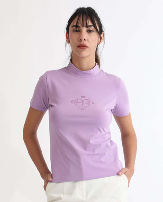 RAREISM Graphic Print Women Turtle Neck Purple T-Shirt