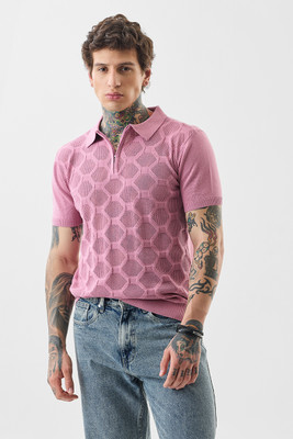 Snitch Self Design Men Polo Neck Pink T-Shirt