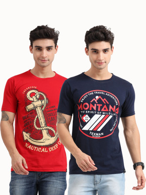 Texman Graphic Print Men Round Neck Dark Blue, Red T-Shirt