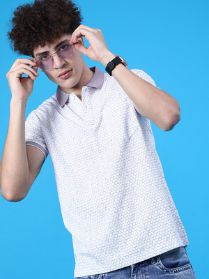 V-MART Printed Men Polo Neck Blue T-Shirt