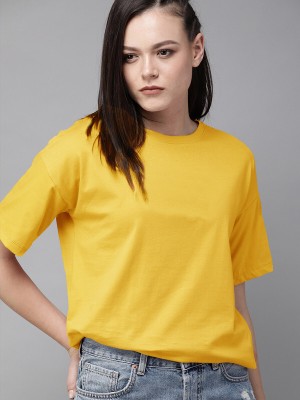 LazyChunks Solid Women Round Neck Yellow T-Shirt