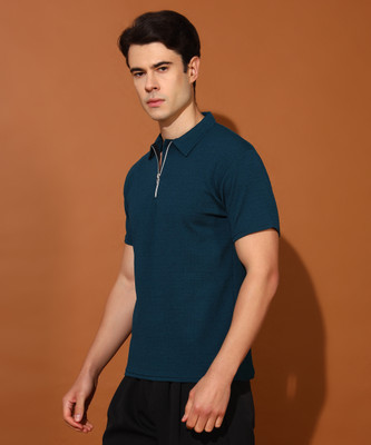 METRONAUT Self Design Men Polo Neck Blue T-Shirt
