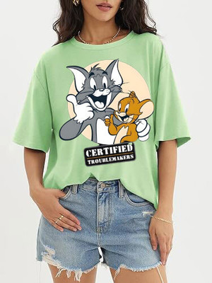 Vylo Printed Women Round Neck Light Green T-Shirt