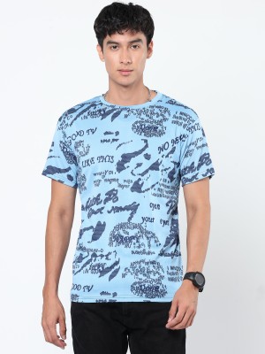 HEER STUDIO Printed, Typography Men Round Neck Light Blue T-Shirt