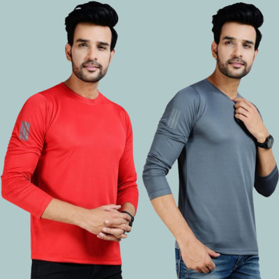 FICKA Solid Men Round Neck Red, Grey T-Shirt