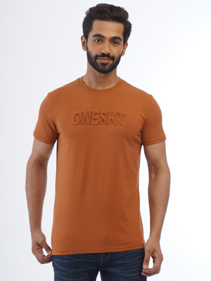 one sky Typography Men Round Neck Brown T-Shirt