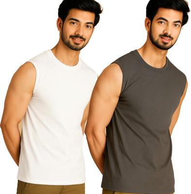 Adorbs Solid Men Round Neck White, Grey T-Shirt