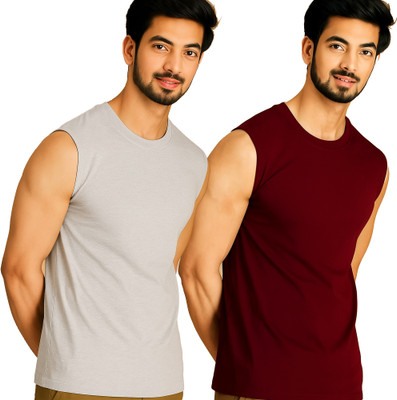 Jangoboy Solid Men Round Neck Grey, Maroon T-Shirt
