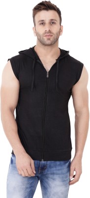 GEUM Solid Men Hooded Neck Black T-Shirt