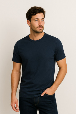 experttshirt Solid Men Round Neck Navy Blue T-Shirt