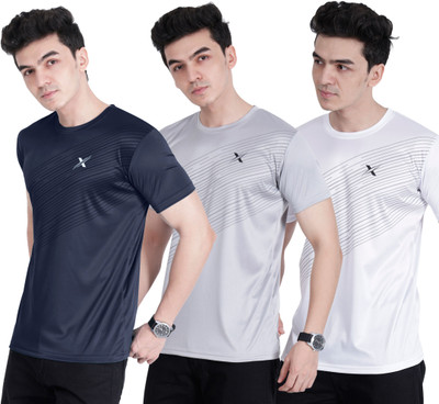 Cruister Solid Men Round Neck Navy Blue, Grey, White T-Shirt