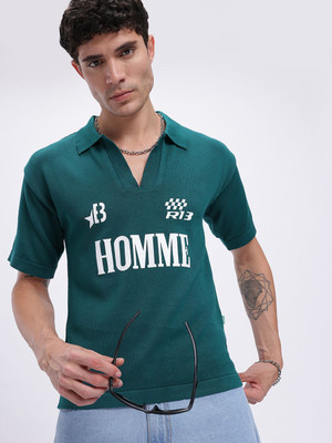 Glitchez Printed Men Polo Neck Green T-Shirt